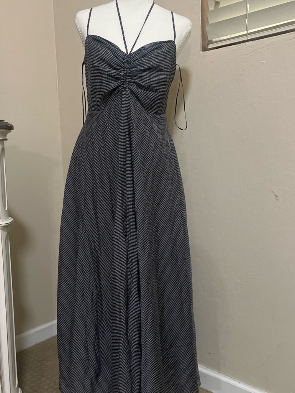 Wayf Black Pinstripe Ruched Spaghetti-Strap Maxi Dress
